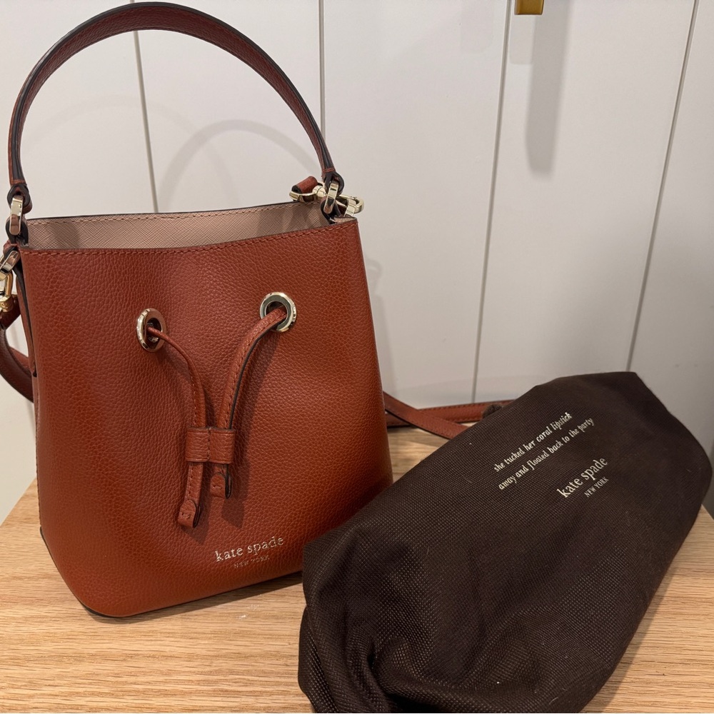 Kate Spade Tan Leather Drawstring Bucket Bag